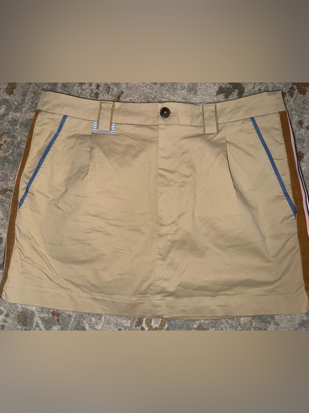 Maeve Beige Mini Skirt with Blue Trim and Brown Side Panels